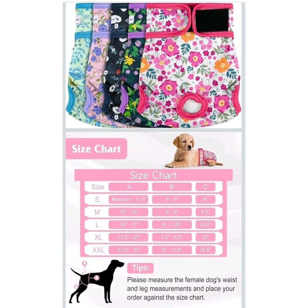 Barklincharm 5 Pack Female Dog Diapers, Washable, Floral, SMALL, NWT